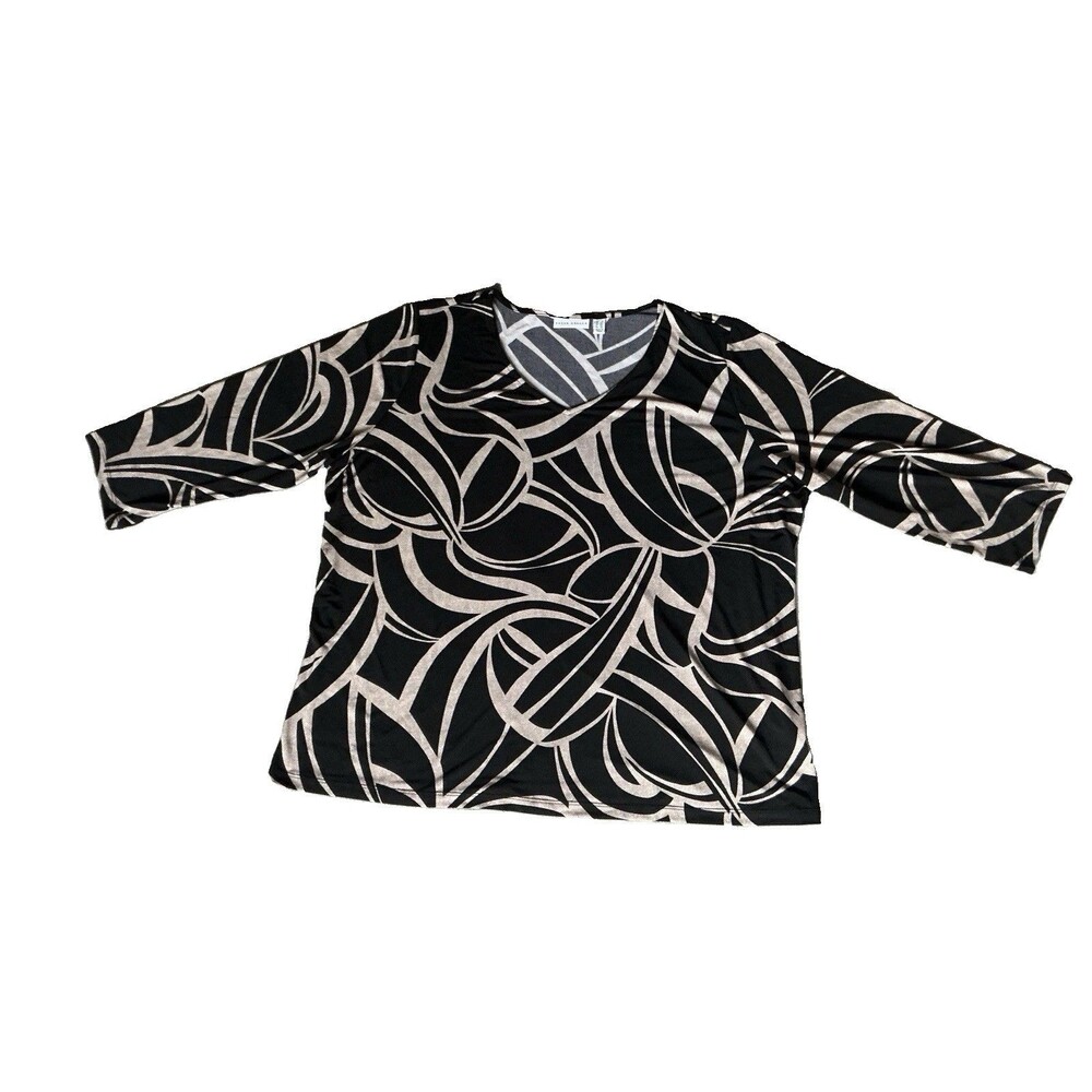 Susan Graver 2X Liquid Knit Top V-Neck 3/4 Sleeve Black Beige Abstract Tunic